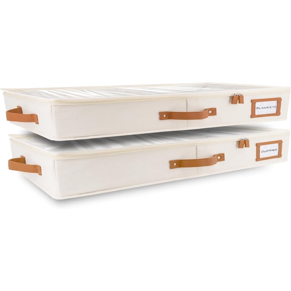 2pc Low Profile Under Bed Storage Containers, Thin Couch Organizer with Bins & Lids, Underbed Box Ideal for Seasonal Clothes, Blankets, Fabric Shoes (Ivory)