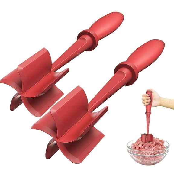 2pc Meat Chopper, Premium Meat Cutter Tool for Ground Beef, Nylon Ground Beef Chopper Tool and Meat Fork, Non Stick Mix Chopper for Chopped Potatoes, Red