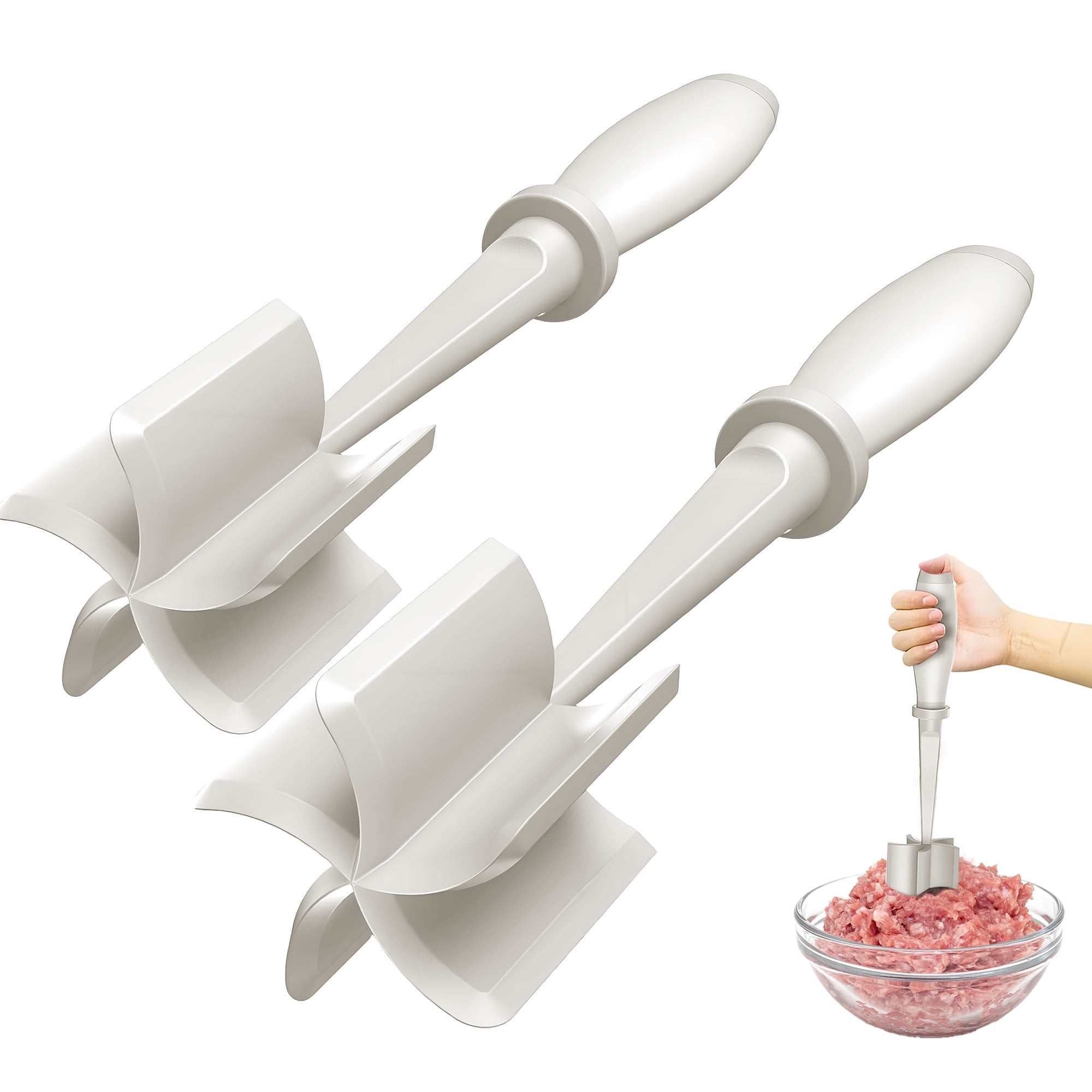 2pc Meat Chopper, Premium Meat Cutter Tool for Ground Beef, Nylon Ground Beef Chopper Tool and Meat Fork, Non Stick Mix Chopper for Chopped Potatoes, White