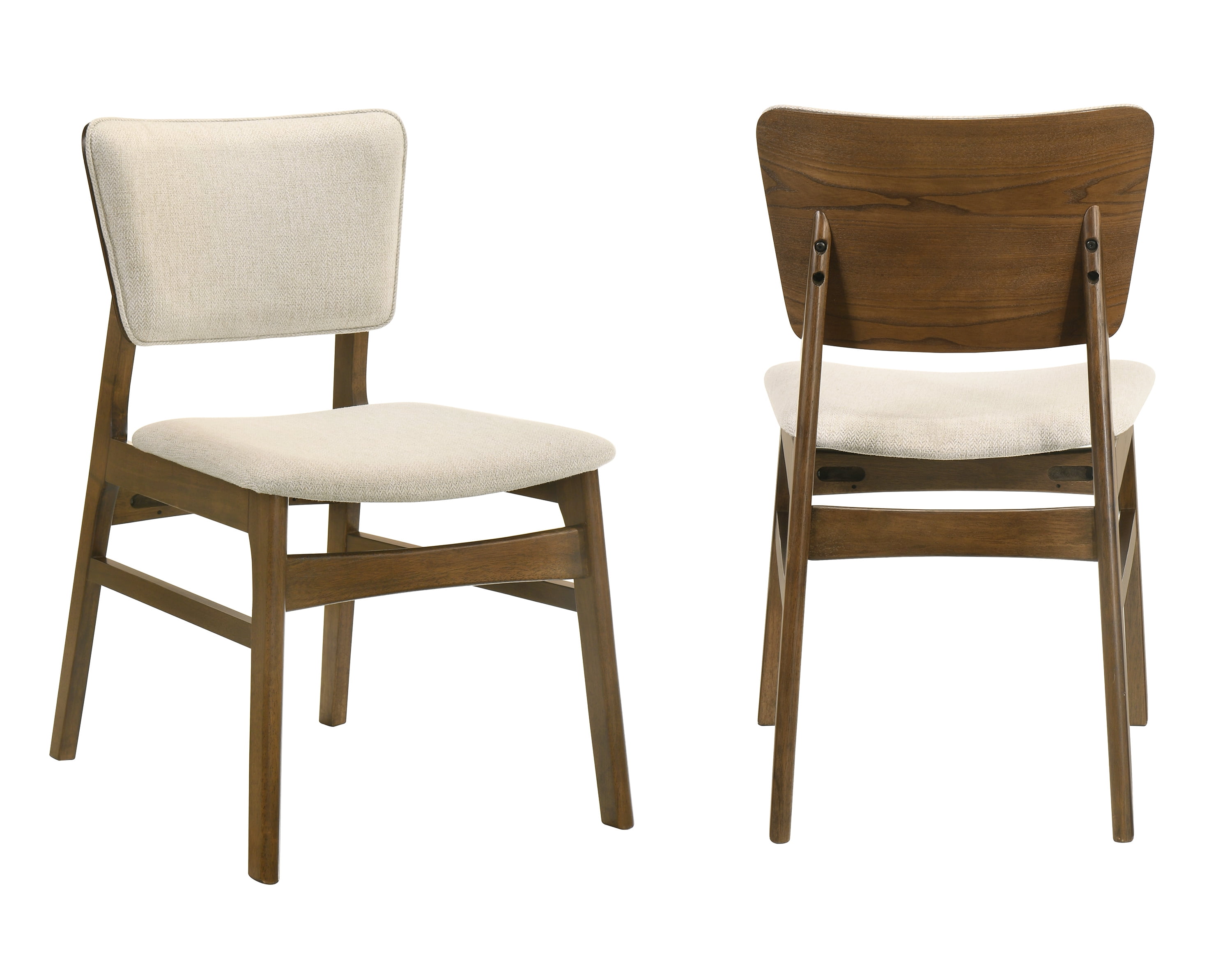 2pc Mid-century Modern Upholstered Chairs Brown Finish Beige Fabric Upholstery Wooden Dining Room Furniture