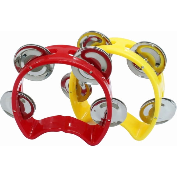 2pc Mini Half-Moon Percussion Tambourines, Handheld Jingle Bells Musical Instrument for Party & School, Red/Yellow