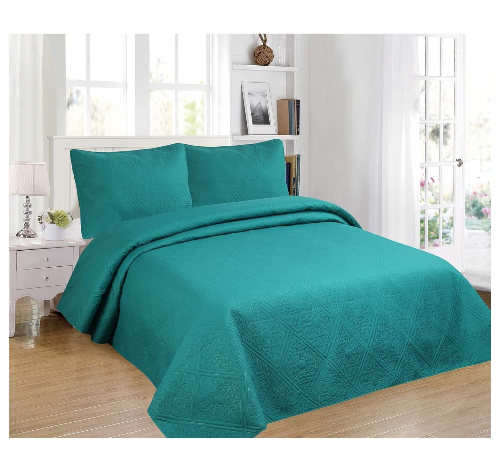 2pc Modern Contemporary Soft Comfy Bedroom Bedspread Quilt Set (Teal
