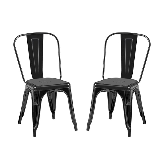 2pc Modern High Gloss Black Metal Dining Room Kitchen Bar Chairs Contemporary Aesthetic 18-inch Seat Height Standard Dining