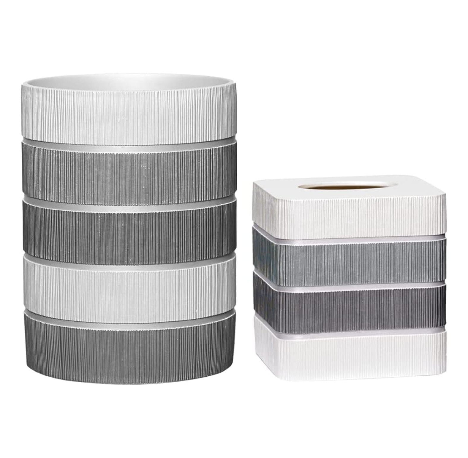 2pc Modern Line Stylish Bath Accessories Set Waste Basket & Square Tissue Box Cover Classic Contemporary Decorative Beautiful Designs Gray Bathroom Decor Set for Home Modern Bath Set