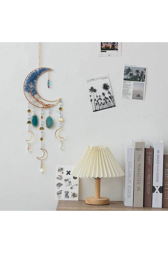 2pc Moon Natural Quartz Crystal & Agate Woven Net Suncatchers Chakra Theme Hanging Pendant Decorations with Glass Beaded 660mm