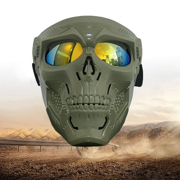 2pc Motorcycle Helmet Riding Goggles Glasses Ski goggles outdoor goggles. Men's skull motorcycle mask, Fog-proof Warm Goggles Mouth Filter Adjustable Non-slip Strap.Army Green
