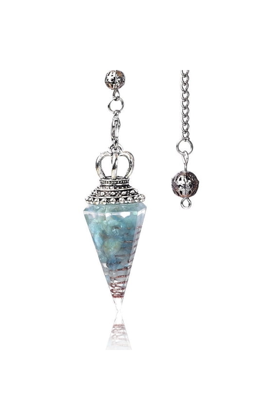 2pc Natural Aquamarine Chip & Resin Dowsing Pendulum Big Pendants with Platinum Plated Metal Cone Charm 300mm