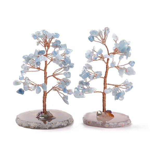 2pc Natural Aquamarine Chips & Agate Pedestal Display Decorations Tree of Life Healing Stone Tree for Reiki Healing Crystals Chakra Balancing Cadmium Free & Lead Free 59~70x47~65x100~114mm