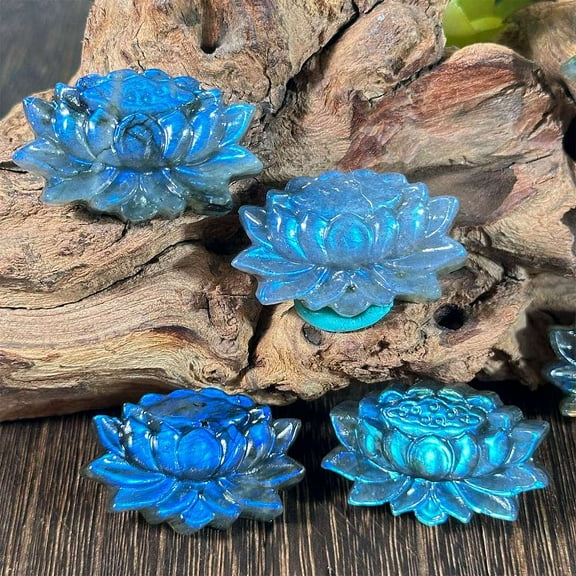 2pc Natural Labradorite Carved Healing Lotus Figurines Reiki Energy Stone Display Decorations 35x25mm