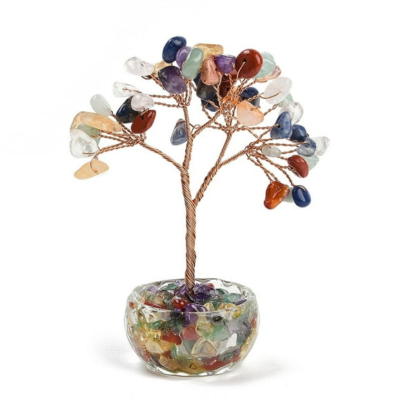 2pc Natural Mixed Stone Chips Tree of Life Decorations Glass Base with Copper Wire Feng Shui Energy Stone Gift for Home Office Desktop 58~66x39.5x100mm