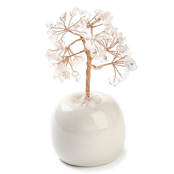 2pc Natural Quartz Crystal Chips Tree of Life Decorations Round Porcelain Base with Copper Wire Feng Shui Energy Stone Gift for Home Office Desktop Decoration 57x113~129mm