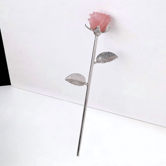 2pc Natural Rose Quartz Carved Rose Ornaments Platinum Tone Brass Flower Branch for Women Girls Valentine's Day Gift 230mm