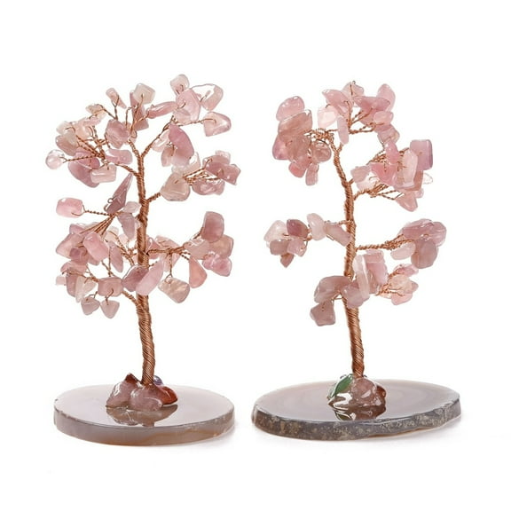 2pc Natural Rose Quartz Chips & Agate Pedestal Display Decorations Tree of Life Healing Stone Tree for Reiki Healing Crystals Chakra Balancing Cadmium Free & Lead Free 59~70x47~65x100~114mm