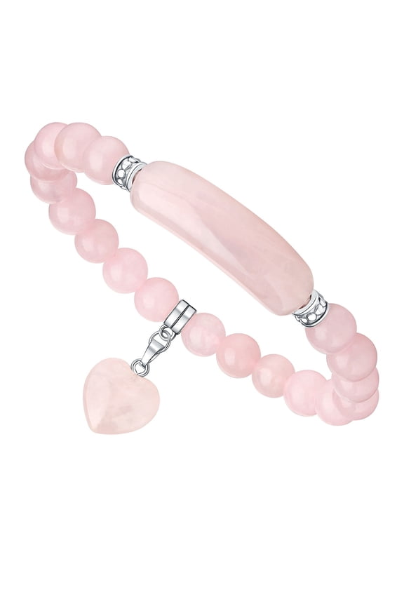 2pc Natural Rose Quartz Curved Rectangle Stretch Braclets with Heart Charm Inner Diameter: 2-3/8 inch(6cm)