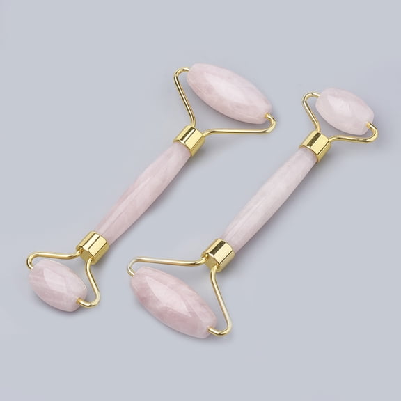 2pc Natural Rose Quartz Massage Tools Facial Rollers with Brass Findings Gold 14.8x5.8x2cm