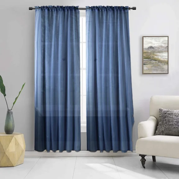 2pc Navy Blue Solid Sheer Voile Window Curtain Set Two (2) Rod Pocket Panels 55"W x 84"L (Each)