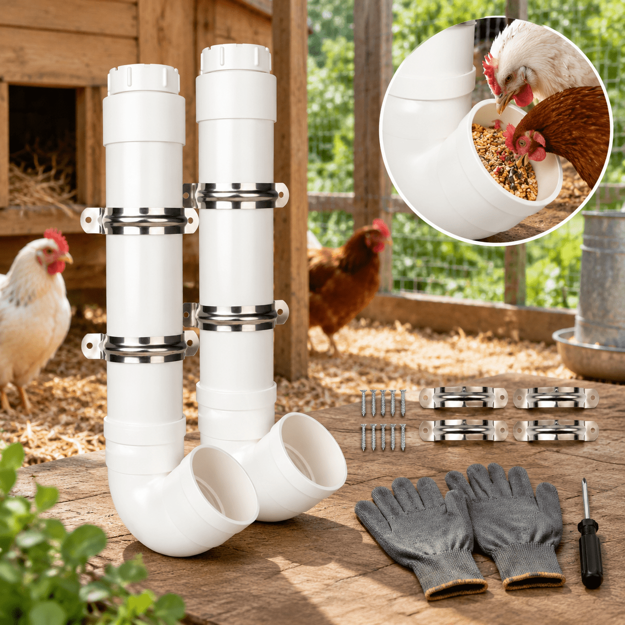 Poultry Stacker 2pc No-Waste PVC Chicken Feeder, 6lb Large Capacity for Poultry Coops ...