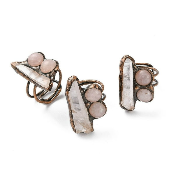 2pc Nuggets Natural Quartz Crystal & Rose Quartz Adjustable Rings Red Copper Tone Brass Ring for Women Inner Diameter: 19mm