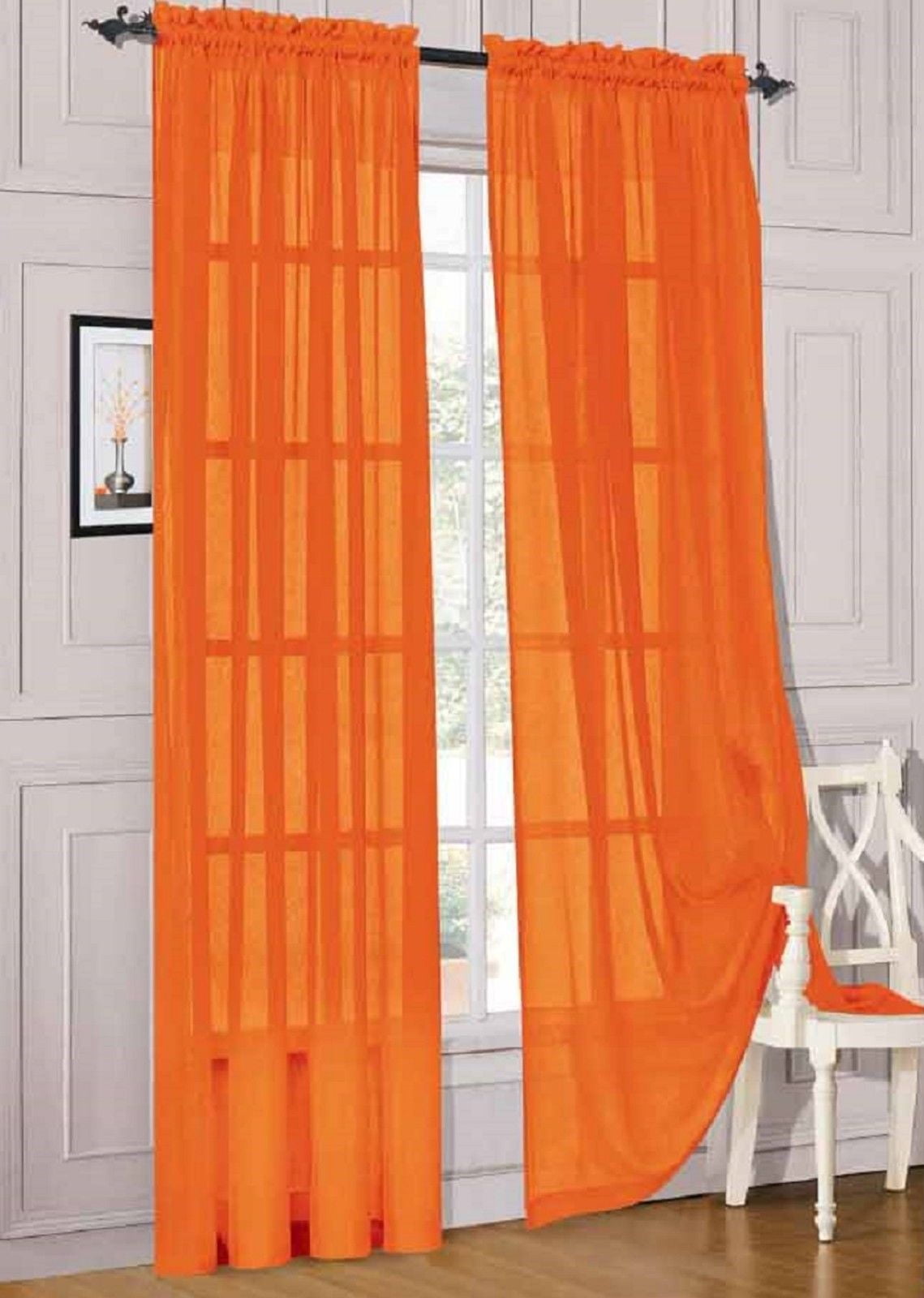 2pc Orange Solid Sheer Voile Window Curtain Set, Two (2) Rod Pocket Panels 55"W x 84"L (Each