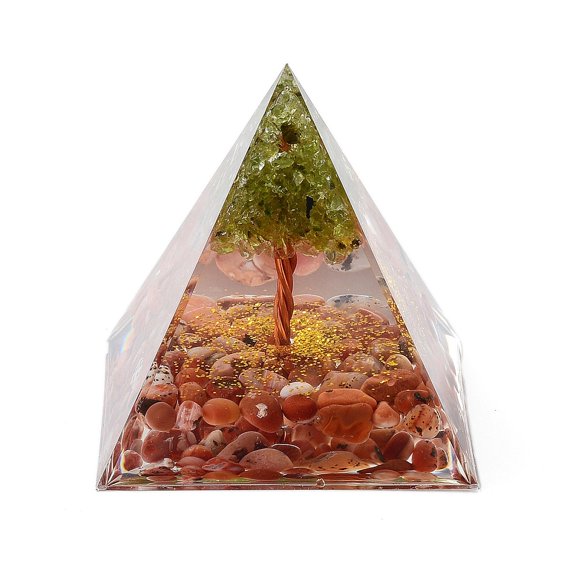 2pc Orgonite Pyramid Resin Energy Generators Reiki Natural Carnelian Chips & Wire Wrapped Natural Peridot Tree of Life Inside for Home Office Desk Decoration 59.5x59.5x59.5mm