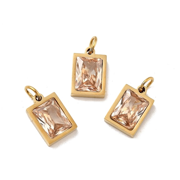2pc PVD Vacuum Plating 304 Stainless Steel Pendants with Cubic Zirconia and Jump Rings Single Stone Charms Rectangle Golden PeachPuff 11.5x8x3.5mm Hole: 3.6mm