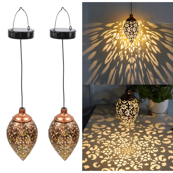 2pc Pair Waterproof Solar Power Garden Hanging Teardrop Chandelier Light for Outdoor Warm Mood Lamps Decor Antique Rustic Vintage Moroccan Wrought Iron Design