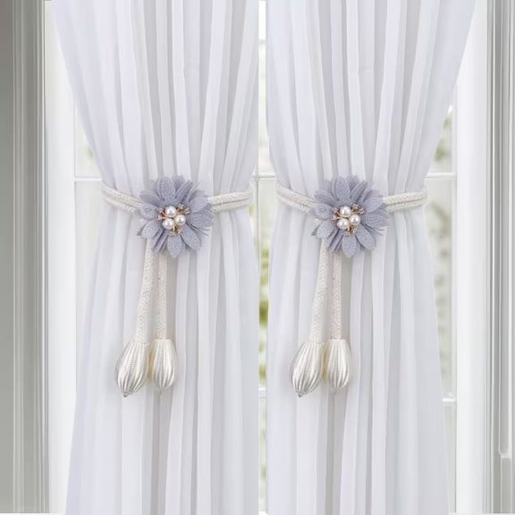 2pc Pearl Flower Pendant Curtain Straps Adjustable Lace Curtain Clips for Living Room Dining Room Bedroom Window Decor