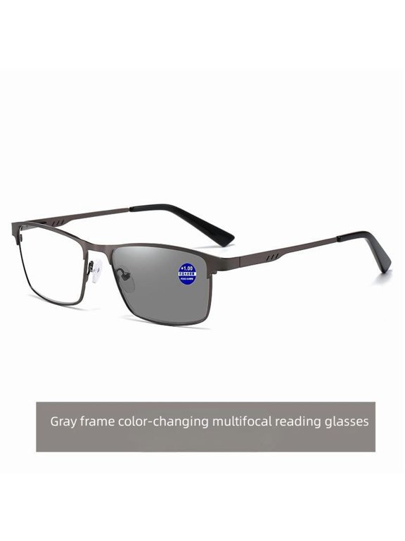 2pc Progressive Photochromic Reading Glasses for Men Blue Light Blocking Multifocal Lens Computer Readers Near Far Vision Magnification 2.5x,Grey(Color changing & multifocal)