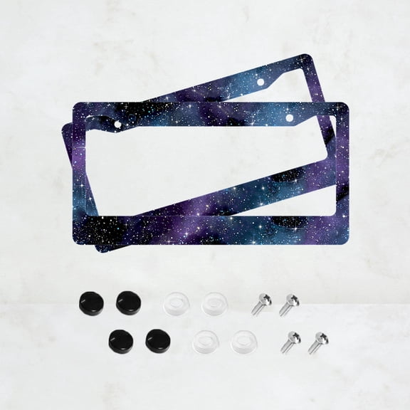 2pc Purple Galaxy Pattern 2-Hole License Plate Frame, Aluminum Material, 6x12 Inches with Screw Kit, Retro Novelty Car Decoration Gift, Standard US License Plate Size