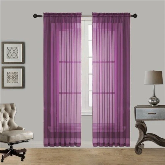 Gorgeous Home Linen 2pc Purple Solid Sheer Voile Window Curtain Set, Rod Pocket Panels 54"W x 84"L (Each)