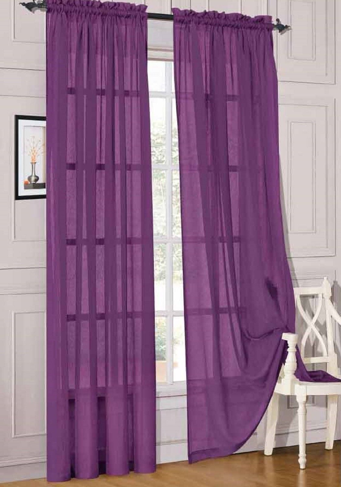 2pc Purple Solid Sheer Voile Window Curtain Set, Two (2) Rod Pocket Panels 55"W x 84"L (Each)