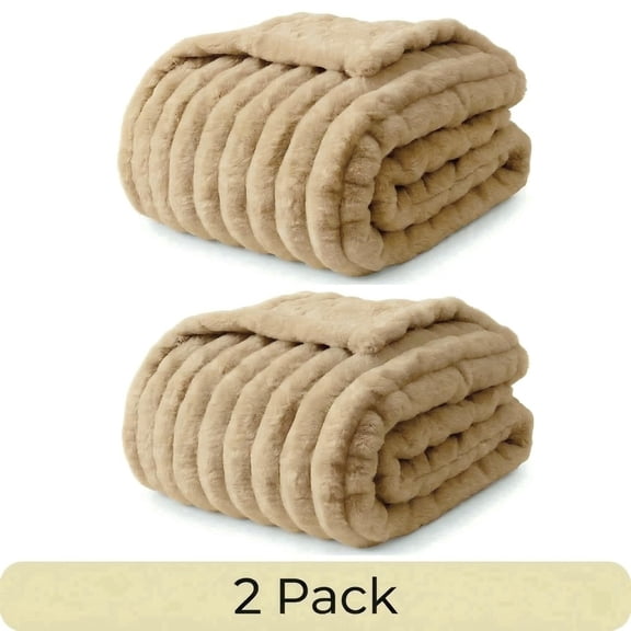 2pc ROSEKIND Striped Blanket, 5lbs Reversible Premium Faux Fur Touch Ribbed Throw for Sofa & Bed, Cozy Gift for Adults & Friends, Dorm Decor, Bedroom Accent & All-Season, 40"x60", Warm Oatmeal