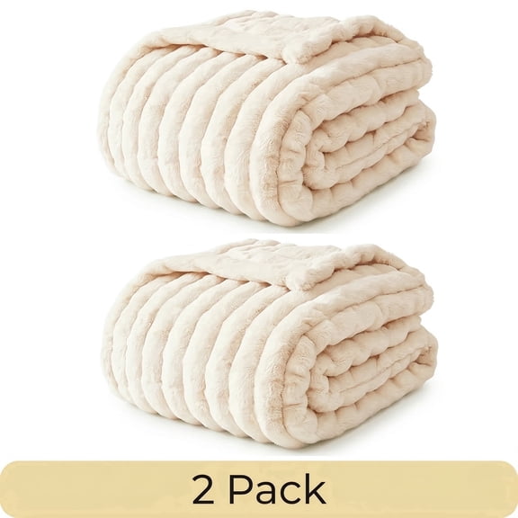 2pc ROSEKIND Striped Blanket, 5lbs Reversible Premium Faux Fur Touch Ribbed Throw for Sofa & Bed, Cozy Gift for Adults & Friends, Dorm Decor, Bedroom Accent & All-Season, 40"x60", Ivory Cream