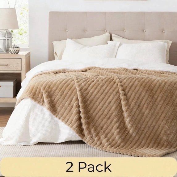 2pc ROSEKIND Striped Blanket, 5lbs Reversible Premium Faux Fur Touch Ribbed Throw for Sofa & Bed, Cozy Gift for Adults & Friends, Dorm Decor, Bedroom Accent & All-Season, 80"x90", Warm Oatmeal