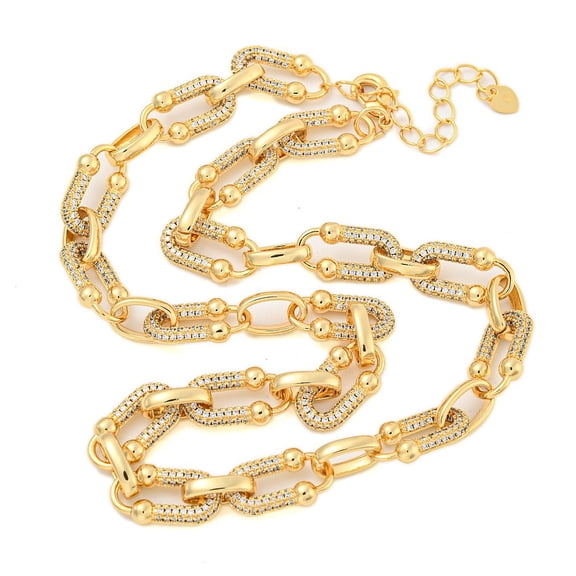 2pc Rack Plating Brass Pave Clear Cubic Zirconia Oval Link Chain Necklaces Long-Lasting Plated Lead Free & Cadmium Free Real 18K Gold Plated 15.35 inch(39cm)