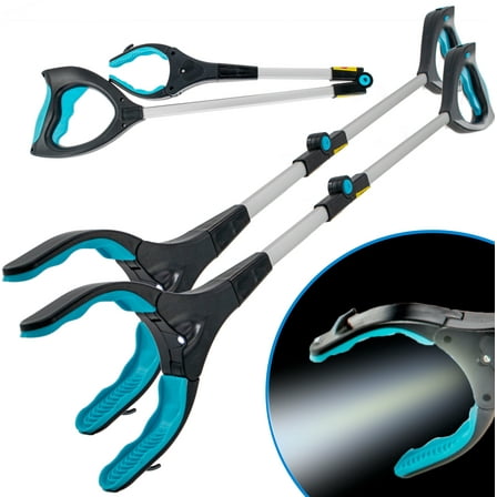 2pc Reaching Grabber Pick Up Tool With LED Light - 32 inch - Light Weight Aluminum Design - Reaching Aid - Articulating Rubber Head - Rubber Grip - Reaching Aid Pick Up Tool