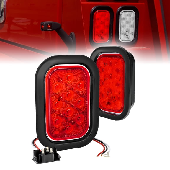 2pc Red 5" x 3" Rectangular LED Trailer Tail Light Kit [DOT FMVSS 108] [SAE I6 P2 S2 (3)T] [Grommets & Plugs] [Submersible] [Stop Turn Tail Brake] [10 LED] Brake Light for Tow Truck 80" Wide Trailer