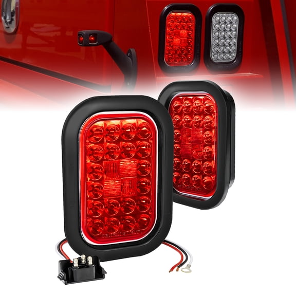 2pc Red 5" x 3" Rectangular LED Trailer Tail Light Kit [DOT FMVSS 108] [SAE I6 P2 S2 (3)T] [Grommets & Plugs] [Submersible] [Stop Turn Tail Brake] [24 LED] Brake Light for Tow Truck 80" Wide Trailer