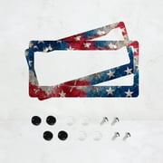 2pc Red Blue White Stars Pattern 2 Hole License Plate Frame Aluminum Material 6x12 Inches with Screw Set Retro Novelty Car Decoration Gift American Car License Plate Standard Universal Size