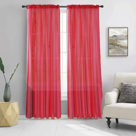 2pc Red Solid Sheer Voile Window Curtain Set Two (2) Rod Pocket Panels 55"W x 84"L (Each)