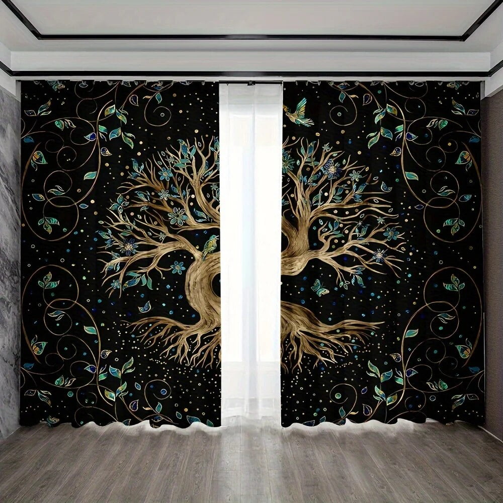 2pc Rod Pocket Curtains Dark Blue Forest Nightscape City Nightscape ...