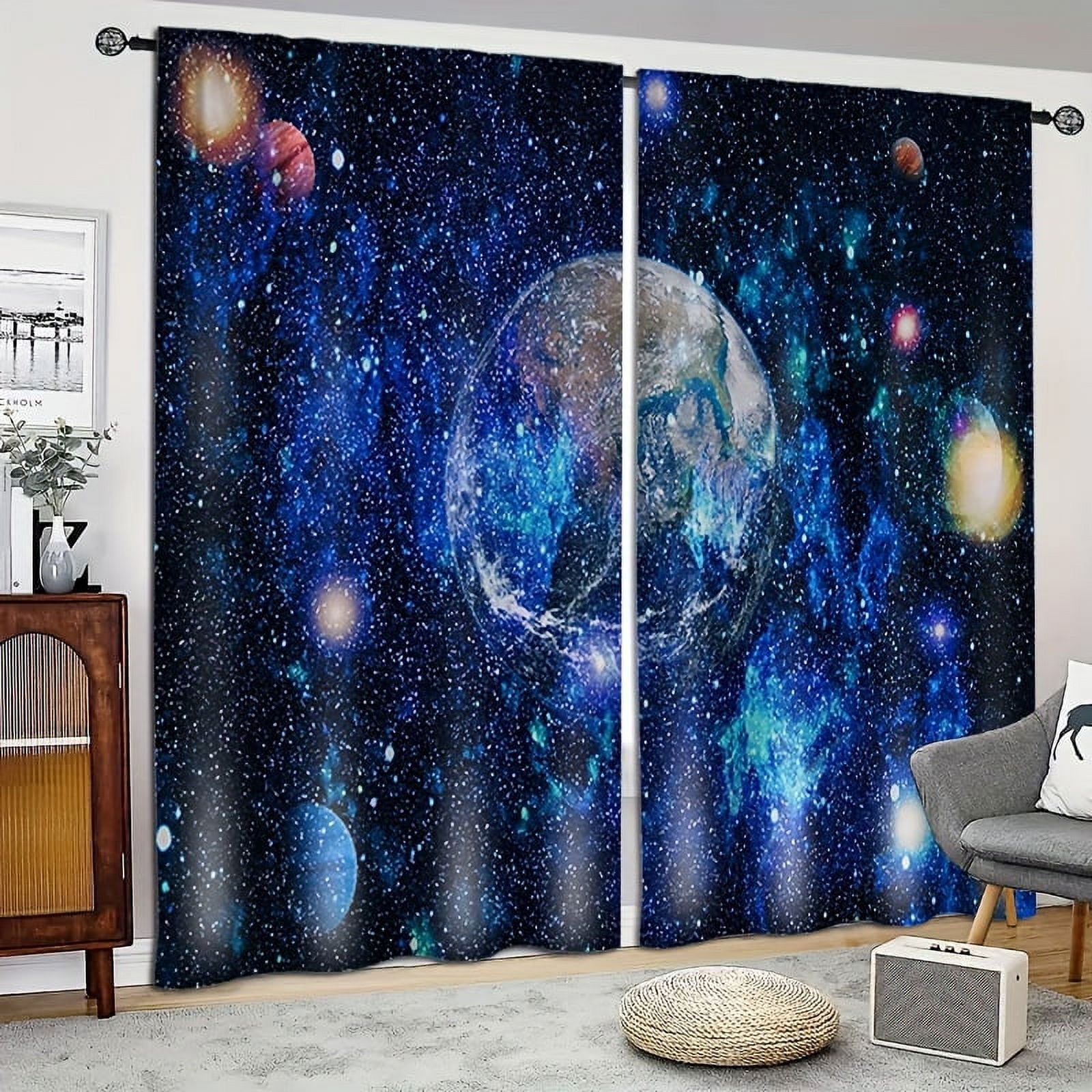 2pc Rod Pocket Curtains Dark Blue Forest Nightscape City Nightscape ...