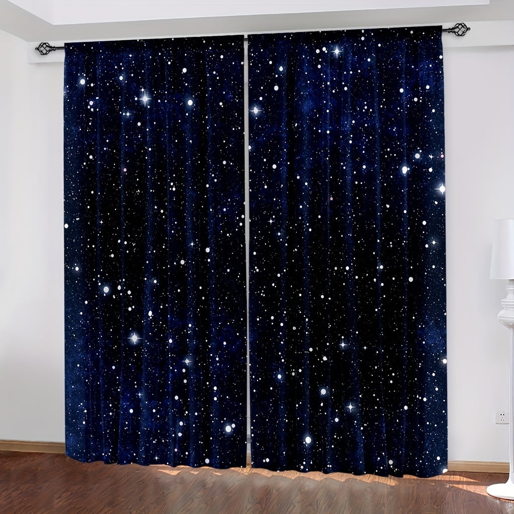 2pc Rod Pocket Curtains Dark Blue Forest Nightscape City Nightscape