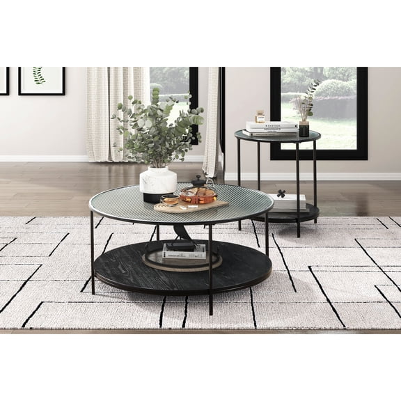 2pc Occasional Table Set Round Glass Metal Black Finish for End Tables in Living Room