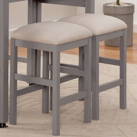 2pc Rustic Stools In Gray With Beige Fabric Upholstery For Dining Of 2, Solid Wood And Upholstered