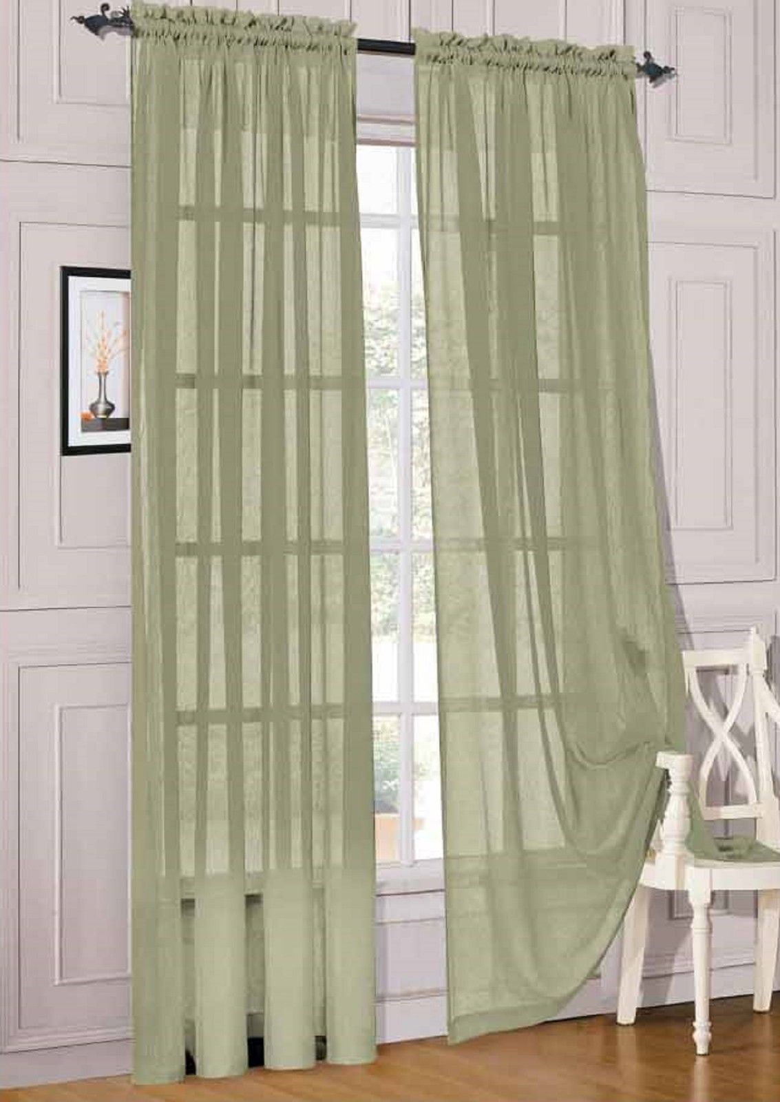 SAMIMPORT-2011 2pc Sage Solid Sheer Voile Window Curtain Set, Two (2) Rod Pocket Panels 55"W x 84"L (Each)