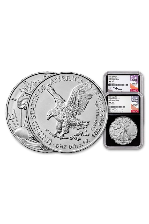 2pc. Set - 2021 American Silver Eagle Type 2 Scarce and Unique Coin Division NGC / PCGS MS70 FDI Black Core Holder Gaudioso/Mercanti Signed Label