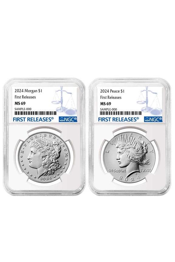 2pc Set - 2024 $1 Morgan and Peace Silver Dollar NGC MS69 FR Blue Label
