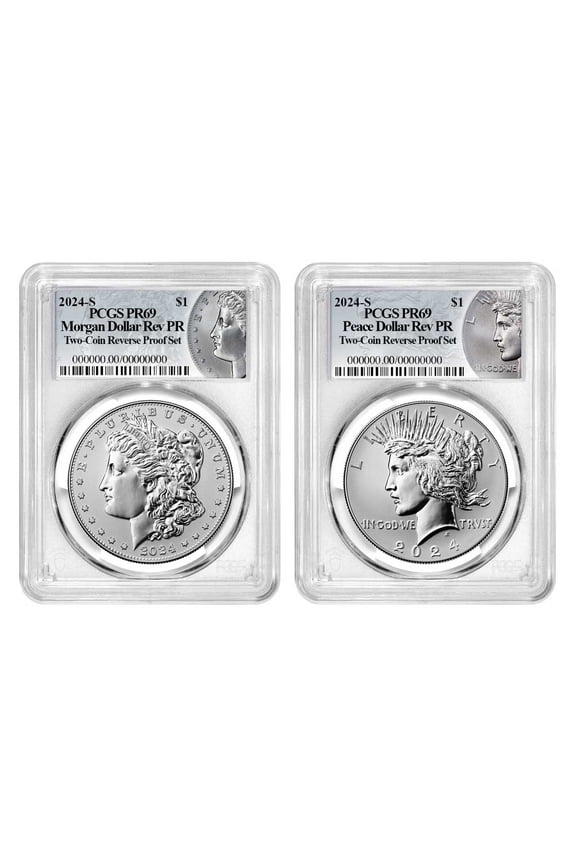 2pc Set - 2024-S Reverse Proof $1 Morgan and Peace Silver Dollar PCGS PR69 Morgan & Peace Label