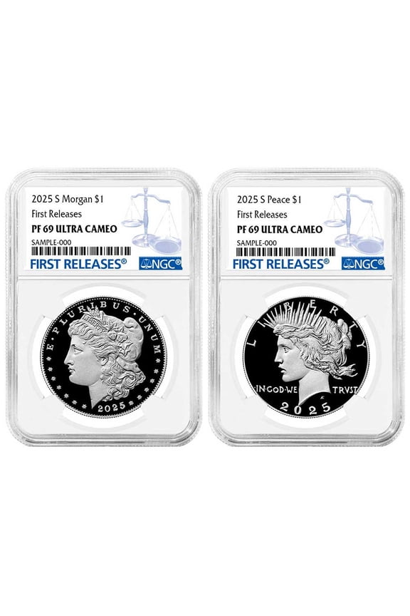 2pc Set - 2025-S $1 Proof Morgan and Peace Silver Dollar NGC PF69UC FR Blue Label